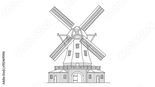 Detailed architectural line drawing of a traditional dutch windmill with large sails and a multi level base structure against a white background.