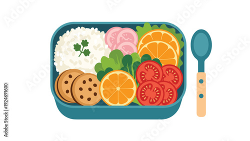 Nutritious bento box lunch featuring rice, fresh salad, tomatoes, citrus slices, cookies, and a spoon on the side.