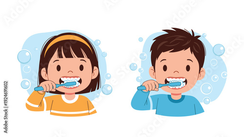 Cute illustration of a boy and a girl brushing their teeth with blue toothbrushes and soap bubbles around them.
