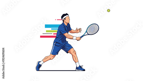 Dynamic illustration of a male tennis player in a blue uniform swinging his racket to hit the ball on the court.
