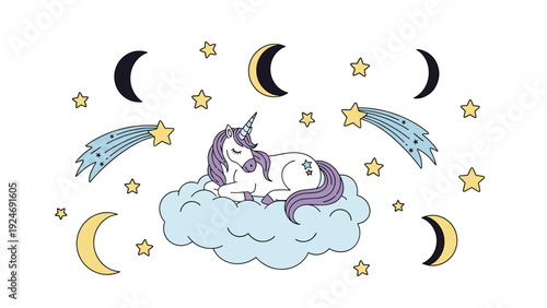 Whimsical scene of a unicorn with a purple mane sleeping peacefully on a soft blue cloud amidst stars and moons.