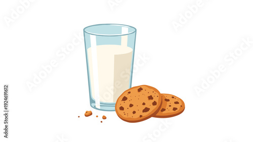 Classic snack time illustration of a tall glass of fresh milk served with two delicious chocolate chip cookies.