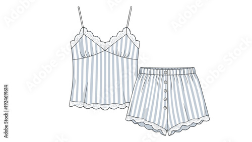 Delicate blue and white striped lingerie set featuring a lace trimmed camisole top and matching striped shorts.