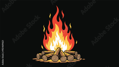 Glowing campfire with bright orange flames rising from a pile of neatly arranged wooden logs on a black background.