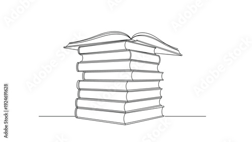 Simple black and white line drawing of a tall stack of hardcover books with an open one resting on the top of the pile.