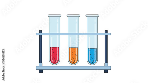 Science laboratory set showing three glass test tubes filled with red, orange, and blue liquids in a metal rack.