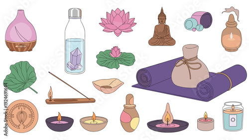 Holistic wellness and spa set featuring a lotus, buddha statue, crystals, yoga mat, incense, and scented candles.