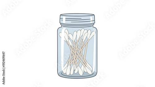Transparent glass jar filled with many white cotton swabs for personal hygiene and cosmetic use on a white background.