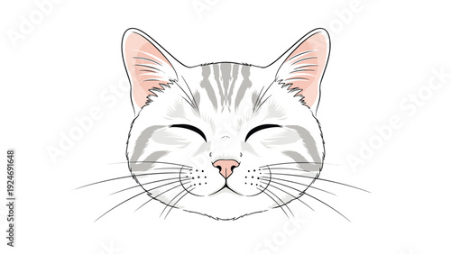 Friendly white and grey striped cat illustration with closed eyes and a happy expression isolated on a white background.