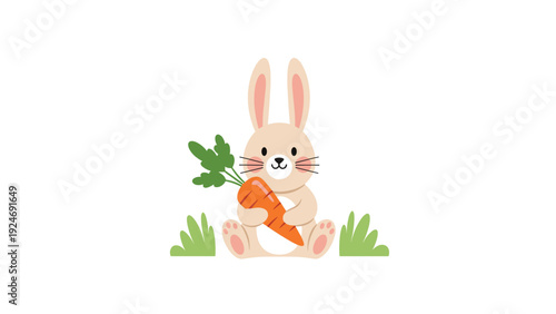 Adorable tan rabbit sitting on green grass while holding a large orange carrot with its paws on a white background.