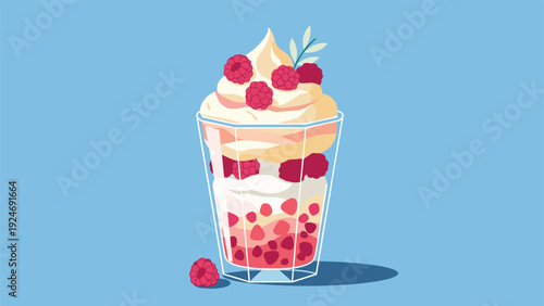Delicious layered raspberry dessert with whipped cream and fresh berries served in a clear glass against a blue background.