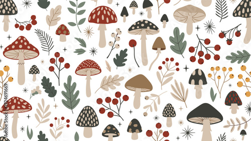 Beautiful seamless pattern featuring various mushrooms, red berries, and autumn leaves on a white background for textile design.