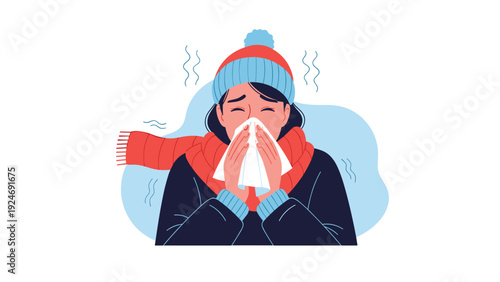 Illustration of a woman wearing a winter hat and scarf blowing her nose into a tissue while feeling unwell and shivering.