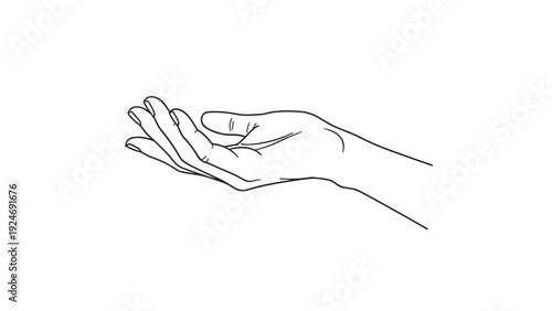 Minimalist black and white line drawing of a human hand held open with the palm facing upwards in a receiving gesture.