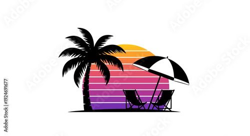 Retro Sunset Beach Scene with Palm Tree, Chairs, and Umbrella