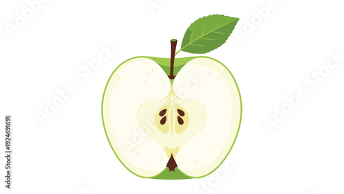 Fresh green apple cut in half showing the white flesh and core with seeds and a single leaf on a white background.