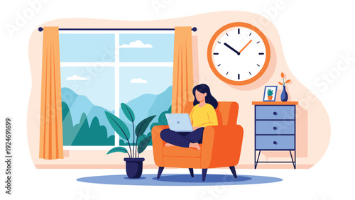 Comfortable scene of a woman sitting in an armchair working on a laptop with her cat in a cozy living room with a mountain view.