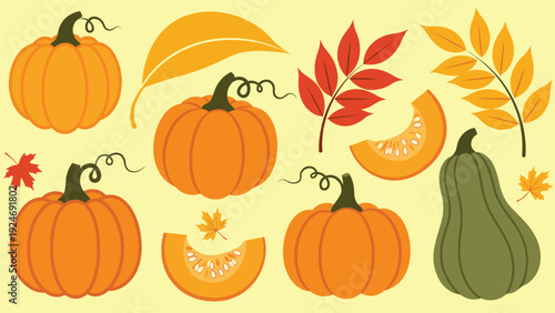 autumn harvest collection featuring various pumpkins, slices, and colorful fall leaves on a soft yellow background.