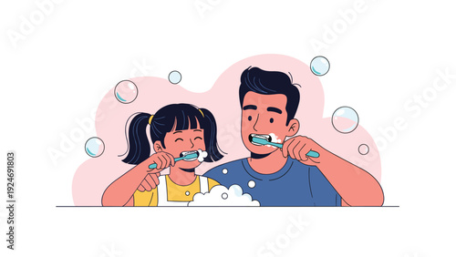 father and daughter brushing their teeth together in a bathroom setting with bubbles, promoting dental hygiene habits.