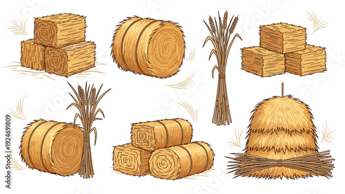 detailed collection of hay bales and wheat stacks in various shapes for farm and agricultural themed illustrations.