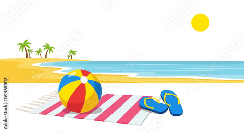 Summer Beach Scene with Beach Ball, Flip-flops, Towel and Palm Trees