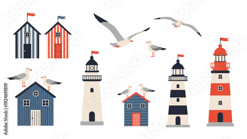 nautical themed collection of lighthouses, beach huts, and seagulls in a coastal palette of red, blue, and cream.