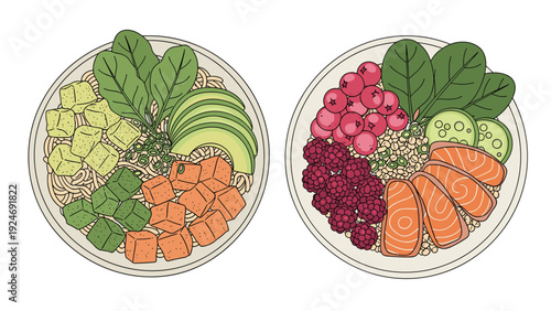 pair of healthy poke bowls featuring fresh ingredients like avocado, salmon, spinach, and rice, viewed from a top-down perspective.