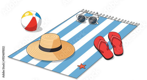 Summer Beach Vacation Accessories: Hat, Flip-flops, Sunglasses, Beach Ball on Towel