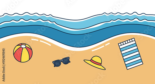 Summer Beach Scene with Beach Ball, Sunglasses, Hat, and Towel