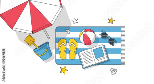 Summer Beach Vacation Flat Lay: Towel, Umbrella, Toys, Book & Sunglasses