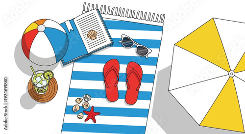 Summer Beach Vacation Flat Lay: Towel, Book, Sunglasses, Flip-flops, Drink, Ball