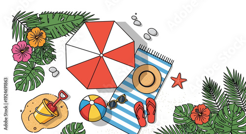 Summer Beach Vacation Flat Lay: Umbrella, Towel, Hat, Toys, Tropical Leaves, Flowers