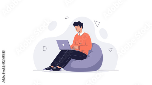Man working on laptop on bean bag chair, flat vector illustration