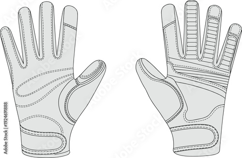 WebTechnical fashion illustration of protective gloves palm and back views with stitched panels, padded sections, ergonomic design, reinforced details, and garment construction elements for 