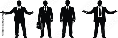 Business professional silhouette vector illustration set featuring successful businessmen standing, wearing formal suits, and gesturing with open arms for corporate leadership roles.