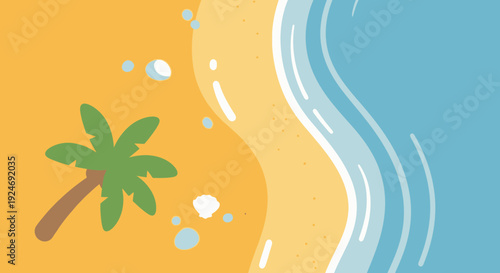Tropical beach scene with palm tree, ocean waves, and sand