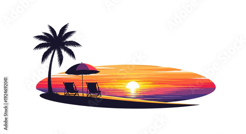 Tropical beach sunset with palm tree and lounge chairs, vibrant colors.
