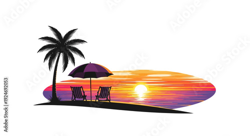Tropical Beach Sunset with Palm Tree, Chairs and Umbrella