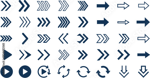 Arrow icon set navigation direction play and refresh symbols collection minimal line and solid vector illustration isolated design