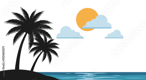 Tropical island silhouette with palm trees, ocean, and sun under clouds
