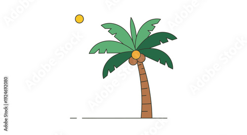 Tropical Palm Tree with Coconuts Under a Sunny Sky, Minimalist Flat Design