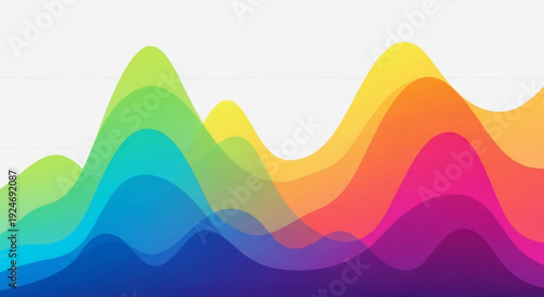 Vibrant multicolored wavy mountain ranges in purple pink orange yellow green blue and teal hues on white background