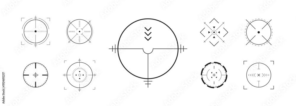 Fototapeta premium Crosshair Hud. Precision weapon UI with goal marker. Telescope viewfinder. Collection of modern digital target icons. Vector eps 10.