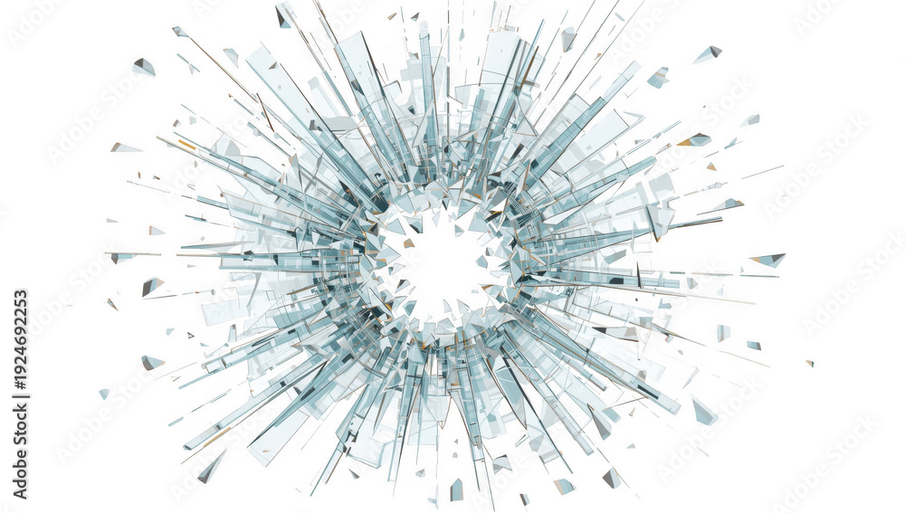 Obraz premium Shattered glass fragments radiating from central hole isolated on a transparent background