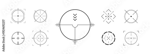 Crosshair Hud. Precision weapon UI with goal marker. Telescope viewfinder. Collection of modern digital target icons. Vector eps 10.
