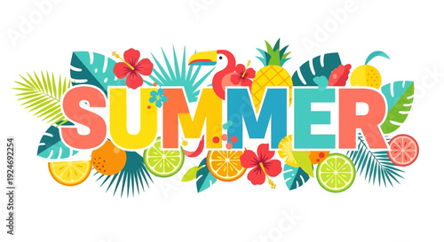 Bright Summer Text with Tropical Fruits, Flowers and Toucan Bird