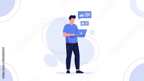 Man working on laptop with data charts and messages on white background