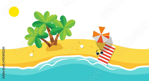 Cartoon Tropical Beach Scene with Palm Tree, Sun, Umbrella, and Sunglasses
