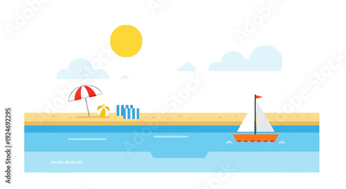 Flat design beach scene with sailboat, umbrella, and sun