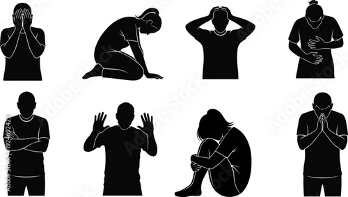Depressed stressed people silhouette set showing anxiety sadness fear mental health awareness emotional struggle vector illustration collection